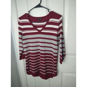 Lett&Me Woman S Burgundy White Grey 3/4 Sleeve Sweater Round Slit Hem Nautical